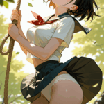 二次元エロ画像 体育倉庫でほどほど巨乳ロリが制服めくれ・透け・濡れ・無しパンツでエロいことになるAI生成エロ画像　二次元