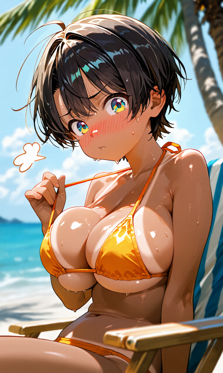 二次元エロ画像 褐色肌大きめ巨乳ロリがビキニパツパツ・日焼け谷間・砂浜ドキドキで夏の癒し微エロになるAI生成エロ画像　二次元