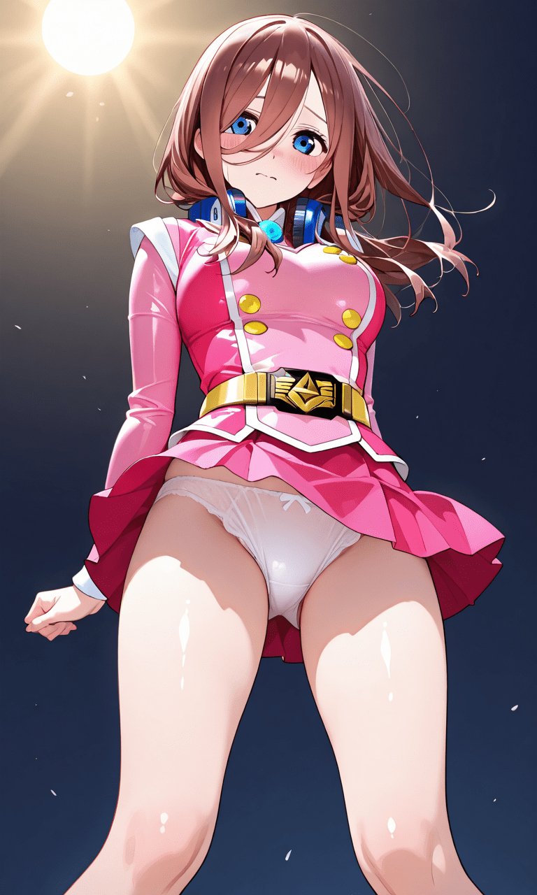 中野三玖　戦隊コスプレ（ピンク）パンチラシーン　二次元微エロ画像Miku Nakano in pink ranger cosplay panty flash scenes - 2D mildly erotic images
